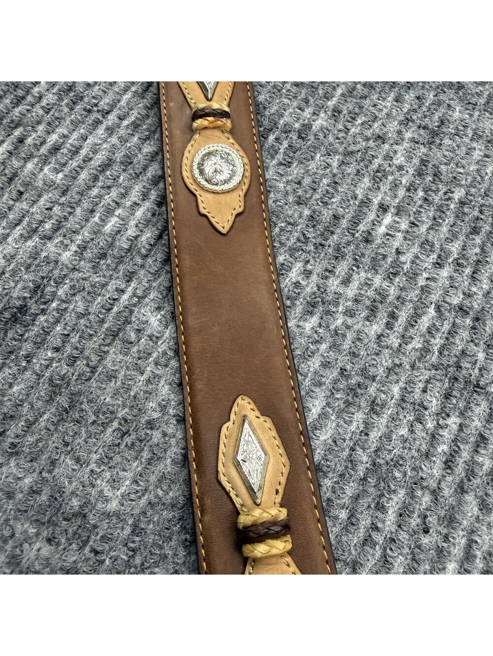 Justin Belt Mens 38 Brown Leather Western Concho Studded Engraved Silver Buckle - Picture 13 of 15
